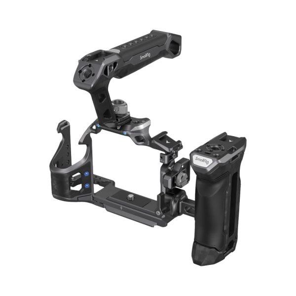 The SmallRig 3710 Rhinoceros Advanced Cage Kit for Sony A7 RV/A7 VI/A7 SIII is a black camera cage with a top handle, side handle and multiple attachment points designed to hold the camera securely in place and protect it while shooting.