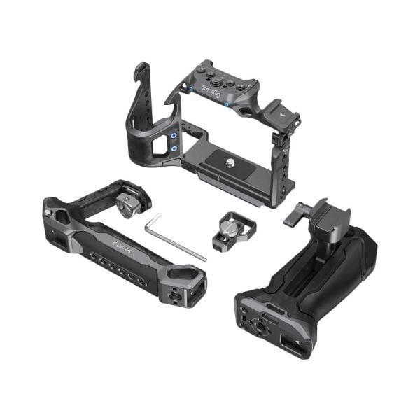 SmallRig 3710 Rhinoceros Advanced Cage Kit for Sony A7 RV/A7 VI/A7 SIII pictured with black metal cage frame, handle, grip, handle, hex wrench and mounting hardware on a white background.
