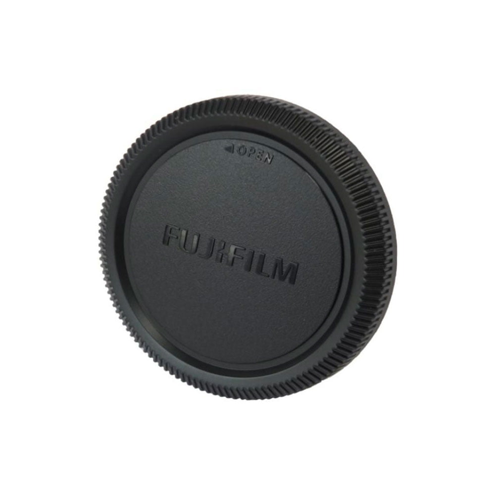 Musta Fujifilm X-sarjan runkotulppa, jossa on kuvioitu reuna ja FUJIFILM-kuvio keskellä, näkyy valkoista taustaa vasten.
