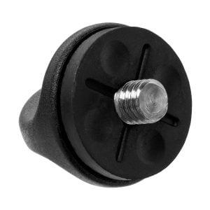 A close-up of the BlackRapid FastenR FR-5 shows its black, round rubber foot with a metal threaded screw in the middle. The rubber surface has a cross-shaped groove and circular recesses for secure attachment.