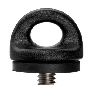 Close-up of the BlackRapid FastenR FR-5, a black plastic camera tripod mount with a round top opening and a metal screw thread at the bottom, on a white background.