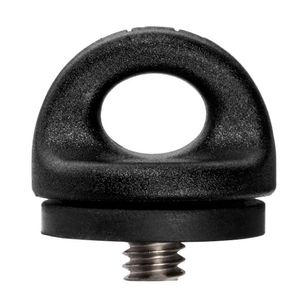 Close-up of the BlackRapid FastenR FR-5, a black plastic camera tripod mount with a round top opening and a metal screw thread at the bottom, on a white background.