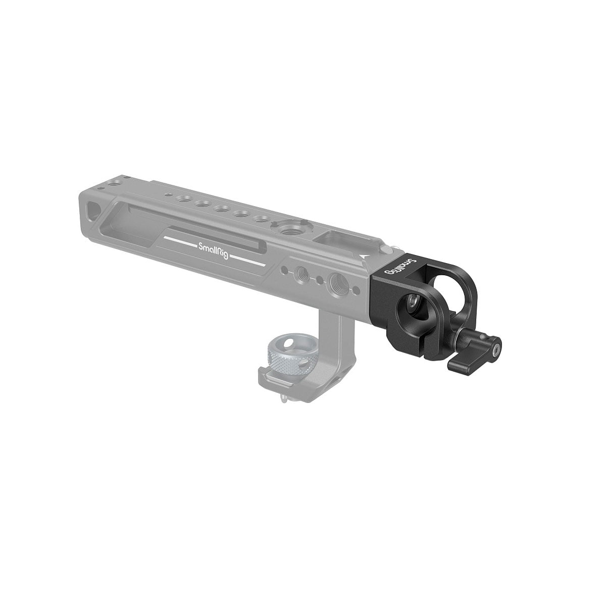 SmallRig 4171 15mm ARRI Locating Single Rod Clamp is a black accessory clamp with a clamp attached to a grey, semi-transparent camera rig arm, designed to hold equipment such as microphones or monitors.