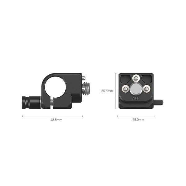 The SmallRig 4171 15mm ARRI Locating Single Rod Clamp is a black metal, clamp-shaped device shown in the side and top view with dimensions of 48.5mm width, 25.5mm height and 25.0mm depth; the top view shows the round and square features.