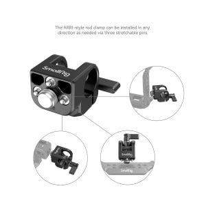 The SmallRig 4171 15mm ARRI Locating Single Rod Clamp (black) is attached to the camera mount, and close-ups highlight its three stretchy pins and versatile mounting options in multiple directions.
