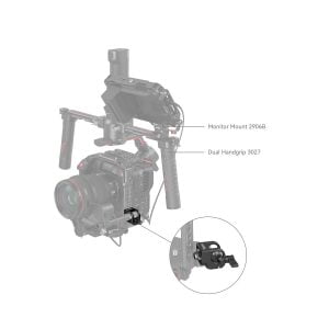 Camera mount with "Monitor Mount 2906B" on top and "Dual Handgrip 3027" on the side, with the SmallRig 4171 15mm ARRI Locating Single Rod Clamp mounted on the unit highlighted in the close-up.