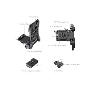 Diagram of the SmallRig 4064 Compact V-Mount battery mounting system, with the following parts labelled: the Arca-Swiss clamp, quick release plate, 3/8-16 and 1/4-20 threaded holes, V-mount plate and 18 mm profiles, and close-ups of each part.