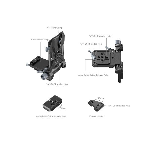 Diagram of the SmallRig 4064 Compact V-Mount battery mounting system, with the following parts labelled: the Arca-Swiss clamp, quick release plate, 3/8-16 and 1/4-20 threaded holes, V-mount plate and 18 mm profiles, and close-ups of each part.