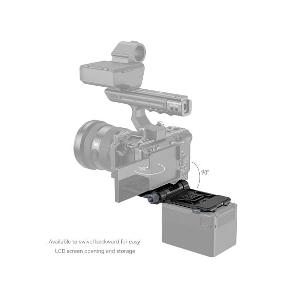 The SmallRig 4064 Compact V-Mount battery mounting system is pictured attached to the camera. The mount swivels 180° back and 90° forward for easy access to the LCD screen, as illustrated by the curved arrows, for convenient storage and viewing.