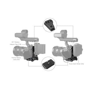 Diagram showing camera mounting system with marked parts of SmallRig 4064 Compact V-Mount battery mounting system with adapter plate 3168, dummy battery cable 2922, power supply holder 2336 and NP-F battery. Interior photos highlight details of the connectors.