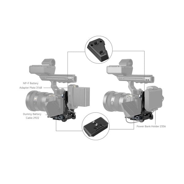 Diagram showing camera mounting system with marked parts of SmallRig 4064 Compact V-Mount battery mounting system with adapter plate 3168, dummy battery cable 2922, power supply holder 2336 and NP-F battery. Interior photos highlight details of the connectors.