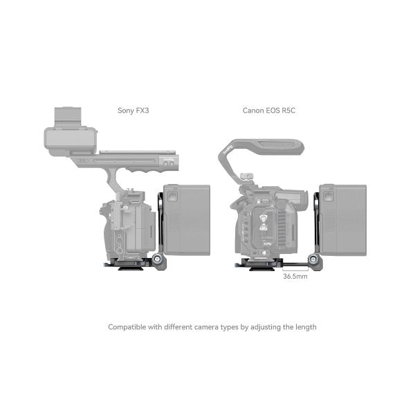 Adjacent diagrams of the Sony FX3 and Canon EOS R5C in the SmallRig 4064 Compact V-Mount battery mounting system show an adjustable length (36.5mm) for camera compatibility. The text below highlights this feature.