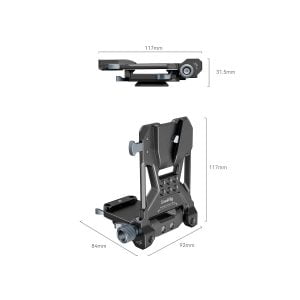 The SmallRig 4064 Compact V-Mount battery mounting system in black metal includes adjustable knobs, and is shown folded (117 mm long, 31.5 mm high) and upright (117 mm high, 84 mm deep, 92 mm wide) with dimensions marked.