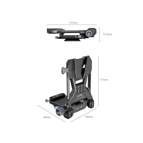 The SmallRig 4064 Compact V-Mount battery mounting system in black metal includes adjustable knobs, and is shown folded (117 mm long, 31.5 mm high) and upright (117 mm high, 84 mm deep, 92 mm wide) with dimensions marked.