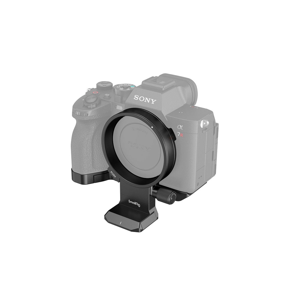 The Sony camera is mounted on the SmallRig 4148 Rotatable Horizontal-to-Vertical Mount Plate Kit for A7 IV, A7 RIV/V and A7 SIII, and part of the camera is semi-transparent so that the mounting plate is visible from the front.