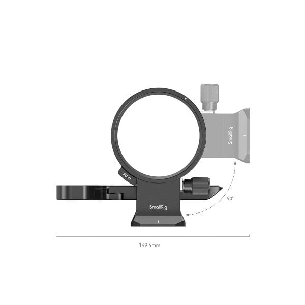 SmallRig 2976 L-kiinnike Canon EOS R5, R6 & R5C -kameroille on kuvassa käännettävällä renkaalla, säätönupilla ja 149,4 mm:n mittauksella alla, mikä korostaa sen kykyä kääntyä 90 astetta.
