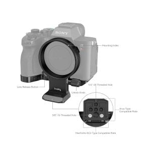 SmallRig 2976 L-kiinnike on asennettu Canon EOS R5 -kameraan, ja siinä korostuvat ominaisuudet, kuten kiinnitysindeksi, objektiivin vapautuspainike, lukituksen avausnuppi sekä useat kierteitetyt reiät ja levyt lisävarusteiden kiinnittämistä varten.