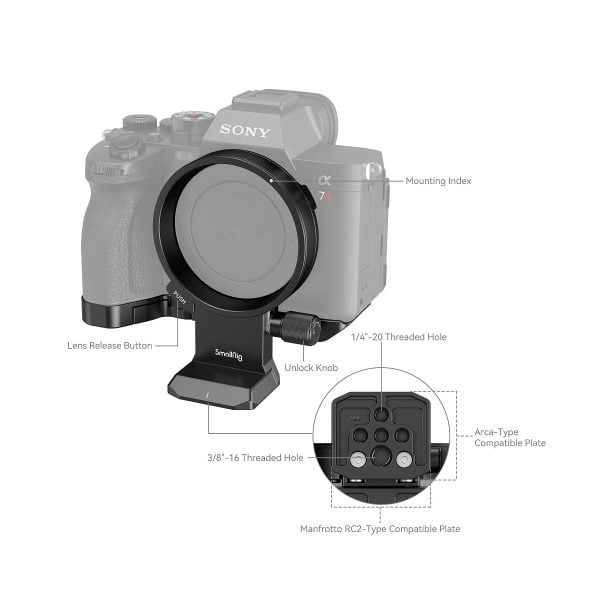 SmallRig 2976 L-kiinnike on asennettu Canon EOS R5 -kameraan, ja siinä korostuvat ominaisuudet, kuten kiinnitysindeksi, objektiivin vapautuspainike, lukituksen avausnuppi sekä useat kierteitetyt reiät ja levyt lisävarusteiden kiinnittämistä varten.