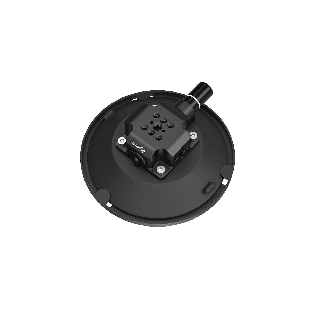 Mustassa, pyöreässä SmallRig 4114 Suction Cup 6" -imukupissa, jossa on kamerakiinnike, on harmaa suorakulmainen keskiosassa, jossa on liitäntäportti ja merkintä "SnapMount.