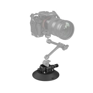 The SmallRig 4114 Suction Cup with 6" camera mount is shown mounted on an adjustable arm with a semi-transparent camera and arm to highlight the black suction cup base, isolated on a white background.