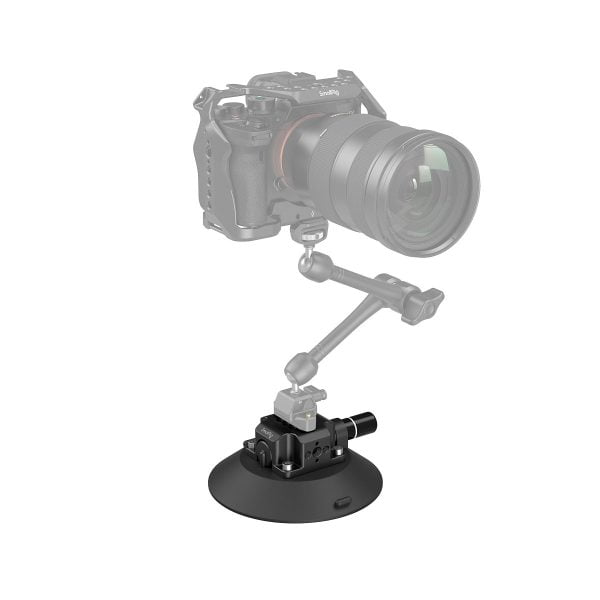 The SmallRig 4114 Suction Cup with 6" camera mount is shown mounted on an adjustable arm with a semi-transparent camera and arm to highlight the black suction cup base, isolated on a white background.