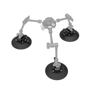 The SmallRig 4114 Suction Cup with 6" camera mount features three adjustable black suction cups connected by articulating metal arms, creating a tripod-like support; some semi-transparent arm parts emphasize adjustability.