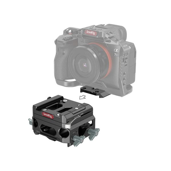 The SmallRig 3067 Lightweight Baseplate with Dual 15mm Rod Clamp (magnesium alloy version) is shown under a semi-transparent digital camera, illustrating its attachment to an additional support and extended mounting options.