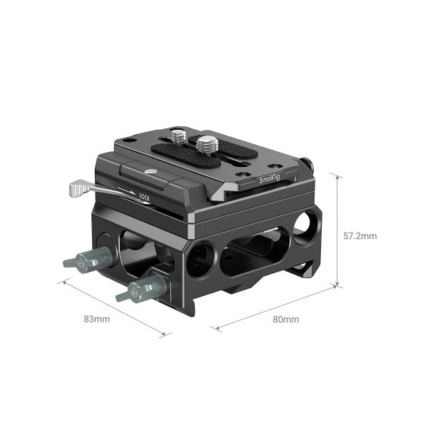 SmallRig 3067 Lightweight Baseplate with Dual 15mm Rod Clamp (magnesium alloy), black, dimensions 83mm x 80mm x 57.2mm, locking levers and multiple holes, shown with white background.