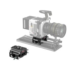 The SmallRig 3067 Lightweight Baseplate with Dual 15mm Rod Clamp (magnesium alloy version) is mounted under the film camera, with a separate view of the baseplate in the foreground.