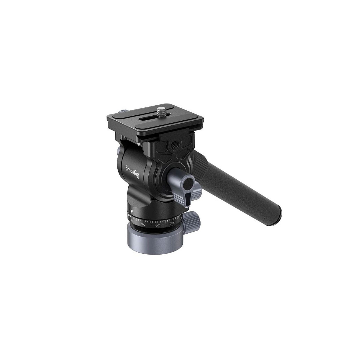 SmallRig 4170 Video Head with Leveling Base CH20 on musta kameran kolmijalka, jossa on säätönupit ja pitkä kahva sulavaa liikettä ja tarkkaa asemointia varten.