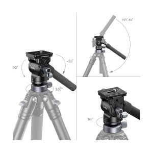 Kaavio SmallRig 4170 -videopäästä, jossa on tasoitusjalusta CH20, säädettävät säätönupit, kiinnitetty kahva, -55°-90° kallistus ja täysi 360° kierto. Sisäkuvissa näkyvät sen joustavat asemointimahdollisuudet.