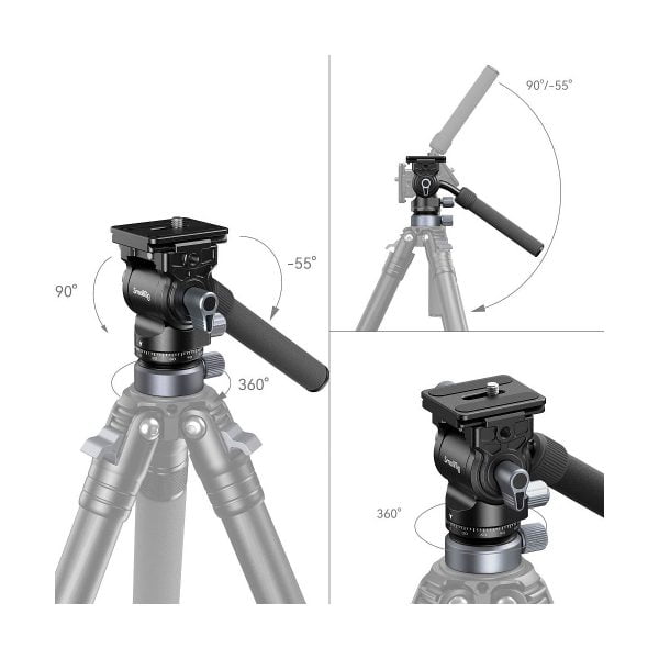 Kaavio SmallRig 4170 -videopäästä, jossa on tasoitusjalusta CH20, säädettävät säätönupit, kiinnitetty kahva, -55°-90° kallistus ja täysi 360° kierto. Sisäkuvissa näkyvät sen joustavat asemointimahdollisuudet.