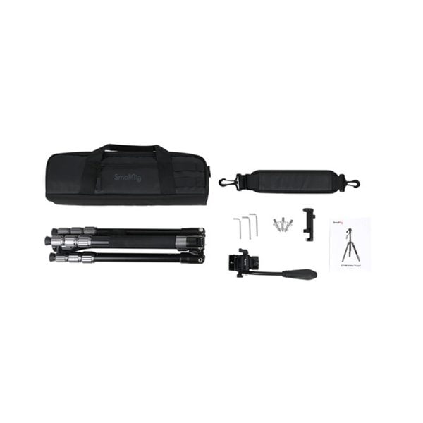 SmallRig 3760 Video Tripod CT180 -pakkaus sisältää kokoontaitetun jalustan, mustan kantolaukun, irrotettavan olkahihnan, kiinnityslevyn, kuusiokoloavaimet, ruuvit, puhelimen pidikkeen ja käyttöohjeen - kaikki valkoisella pohjalla.