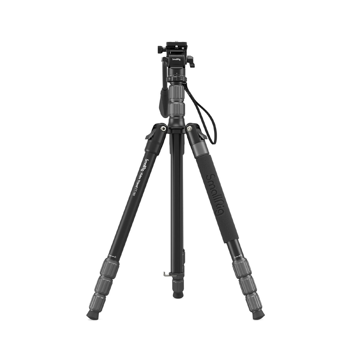 SmallRig 3760 Video Tripod CT180, jossa on säädettävät jalat ja vaahtomuovikahva, seisoo pystyssä valkoisella taustalla.