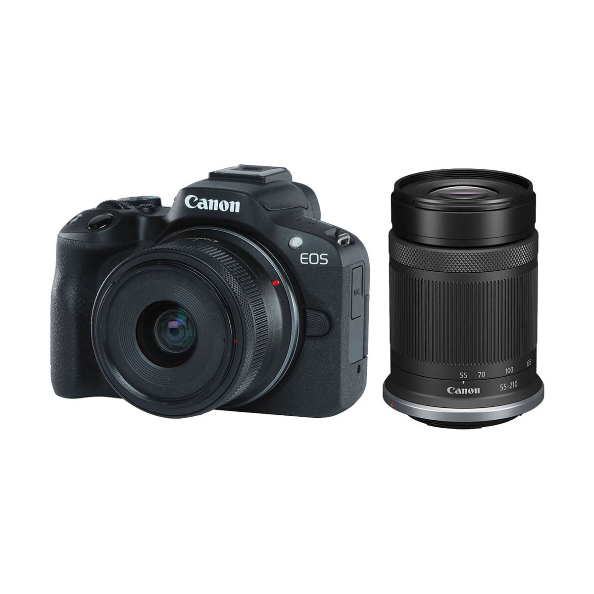Musta Canon EOS R50, jossa on RF-S 18-45mm -objektiivi, näkyy erillisen RF-S 55-210mm -objektiivin vieressä, molemmat valkoista taustaa vasten.