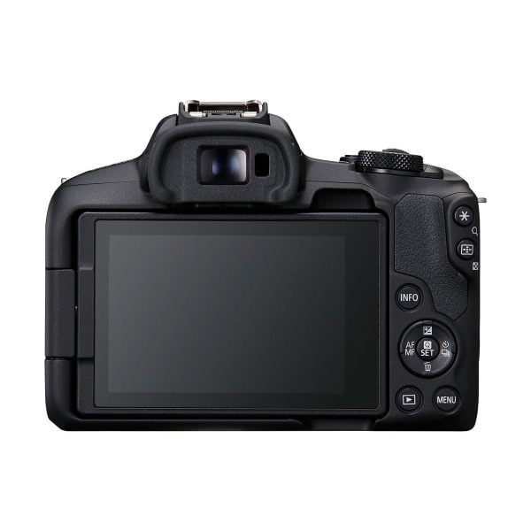 Kuvassa on Canon EOS R50 -järjestelmäkameran takanäkymä - 100€ alennus, jossa on suuri nestekidenäyttö, etsin ylhäällä ja useita ohjauspainikkeita ja valitsimia oikealla puolella.
