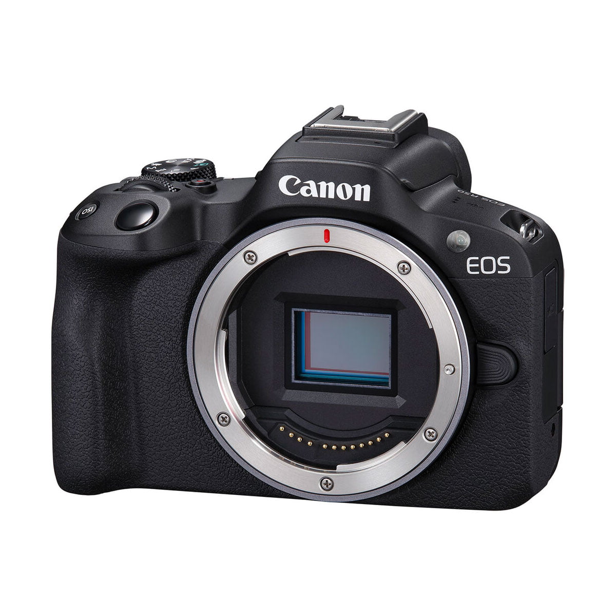 Musta Canon EOS R50 -järjestelmäkameran runko näytetään ilman objektiivia, paljastaen sen paljastuneen kuvakennon ja kameran kiinnityksen. Kennon yläpuolella näkyy Canon-logo.