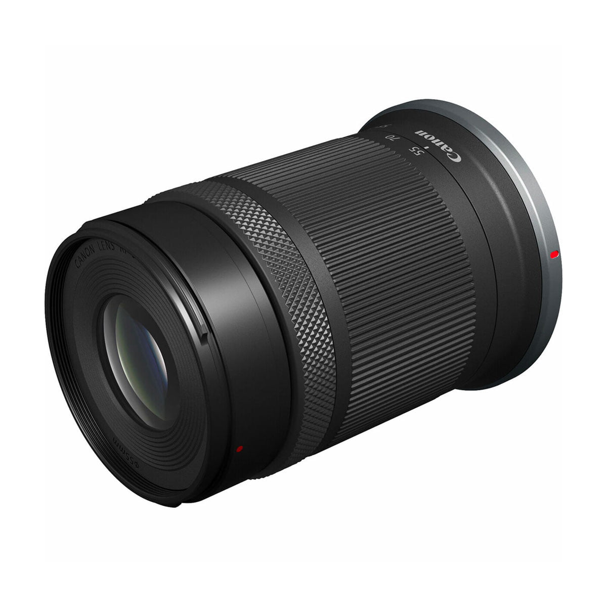 Canon RF-S 55-210mm F5-7.1 IS STM -objektiivissa on kuvioitu kahva, tarkennusrengas ja lasinen etuelementti, kuvassa mustana valkoista taustaa vasten.