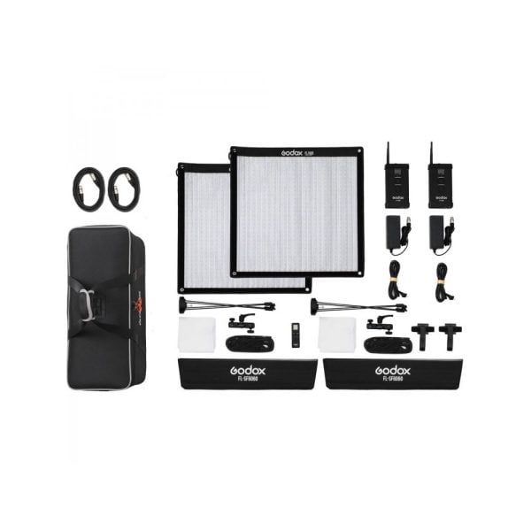 Godox FL150S-K2 Flexible LED 2 -valosarja sisältää kaksi joustavaa LED-paneelia, joissa on virtalähteet, langattomat ohjaimet, kaapelit, kiinnittimet, softboxit, kantolaukku ja tarvikkeet, jotka on järjestetty siististi valkoiselle taustalle.