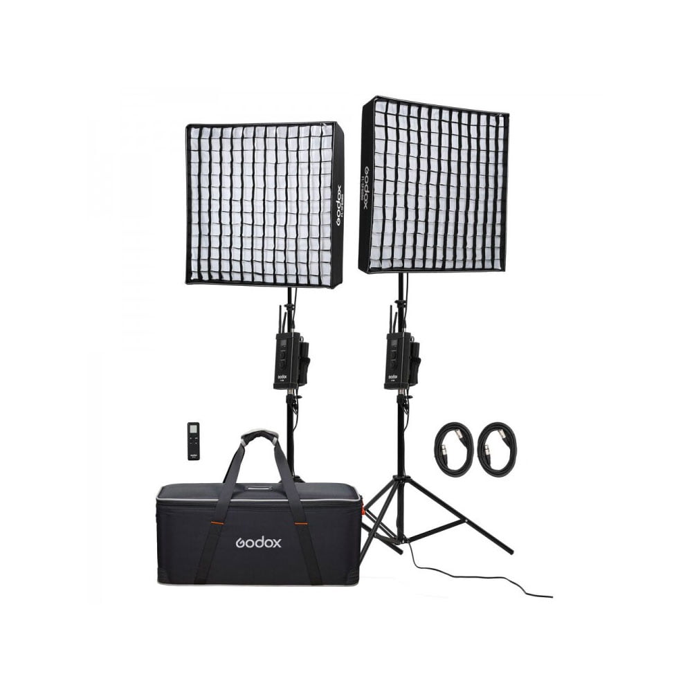 Godox FL150S-K2 Flexible LED 2 -valosarja: kaksi LED-paneelia, joissa on softbox-ritilät jalustoilla, kaukosäädin, kaksi virtajohtoa ja musta kantolaukku, jossa on kahvat, valkoisella pohjalla.