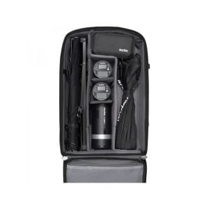 The Godox AD-K1 Three Light Kit holds the AD300Pro, two AD100Pro lights, umbrellas and accessories in a padded open case that's easy to carry.