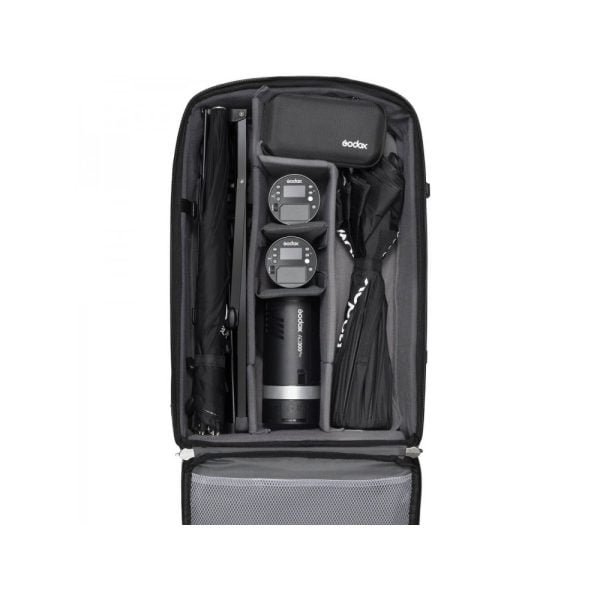 The Godox AD-K1 Three Light Kit holds the AD300Pro, two AD100Pro lights, umbrellas and accessories in a padded open case that's easy to carry.