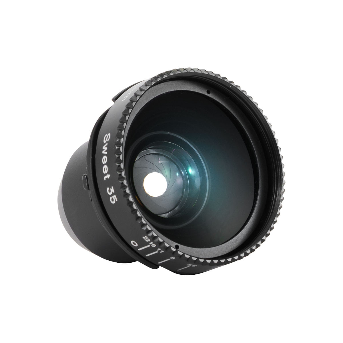 Lensbaby Sweet 35 Optic -kameran objektiivi, jossa on näkyvät lasielementit ja aukkolamellit valkoisella pohjalla.