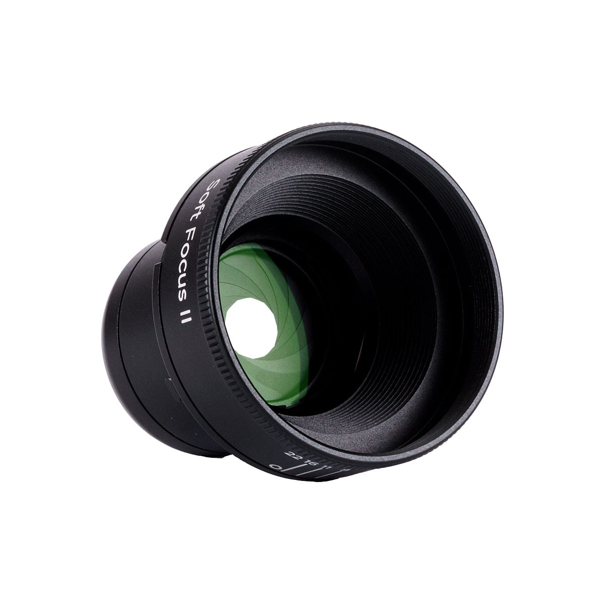 Musta Lensbaby Soft Focus II 50 Optic -objektiivi, jossa on vihreällä sävytetyt lasielementit, näkyy valkoista taustaa vasten.