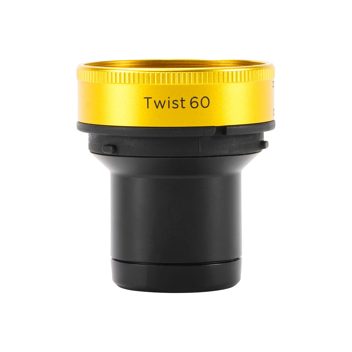 Lensbaby Twist 60 -optiikassa on kultainen yläosa, jossa lukee "Twist 60", ja musta alaosa valkoisella pohjalla.