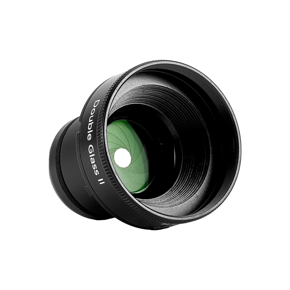 Musta Lensbaby Double Glass II Optic -kameran linssi, jossa on näkyvä vihreällä sävytetty lasielementti valkoista taustaa vasten.