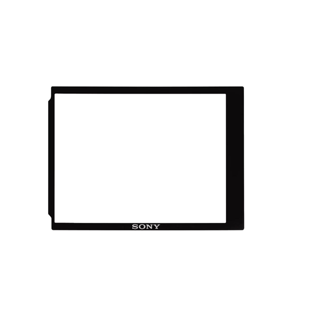Suorakulmainen musta Sony PCK-LM15 näytönsuoja kameran näytönsuoja, jossa on "SONY" alhaalla keskellä, valkoisella pohjalla.