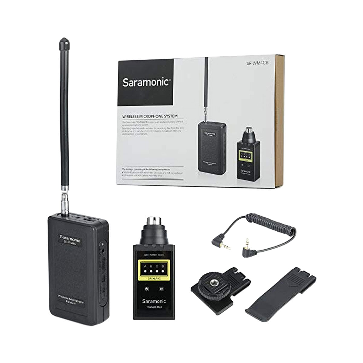 saramonic Saramonic SR-WM4CB VHF Wireless Microphone System, mukaan lukien lähetin, vastaanotin, antenni, äänikaapeli, kiinnitysklipsi ja tuotepakkaus, kuvassa valkoisella pohjalla.