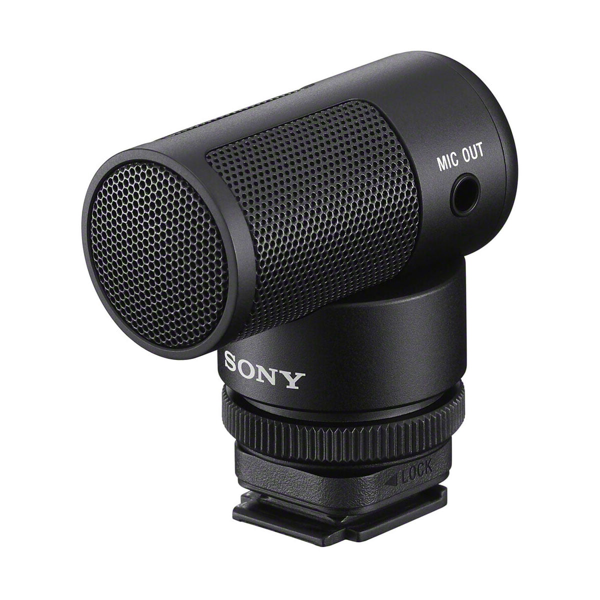 Sony ECM-G1Z on kompakti, musta langaton mikrofoni, jossa on verkkosäleikkö, "MIC OUT"-merkintä ja kuumakenkäkiinnitys kameroihin tai yhteensopiviin laitteisiin kiinnittämistä varten.