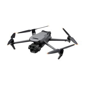 DJI Mavic 3 Pro + DJI RC Ohjain -lennokki on harmaa nelikopteri, jossa on neljä oransseilla kärjillä varustettua potkuria ja kardaanilla varustettu kamera.